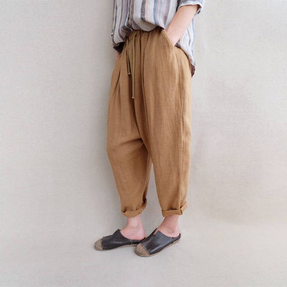 Natural Linen Tapered Pants Loose Harem Pants, Warm Cropped