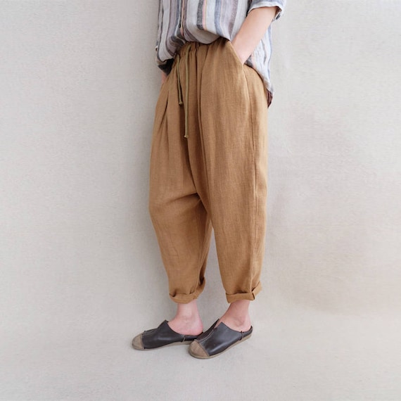 Natural Linen Tapered Pants Loose Harem Pants, Warm Cropped