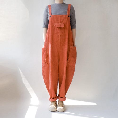 Corduroy Overalls Women, Loose Fit Boho Jumpsuit With Pockets  display picture 1