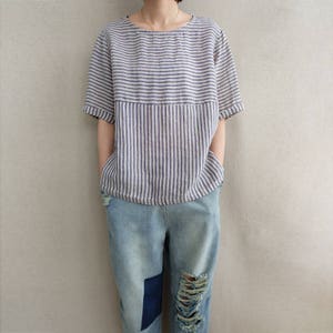 Striped Casual Tops Cotton Blouse Women, Round Neck T-shirt Linen Clothing Summer Tops Plus Size Clothing