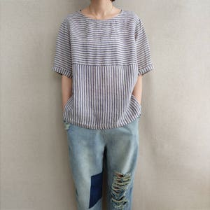 Striped Linen Blouse: Women&#39;s Casual Summer Top, Plus Size