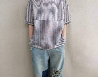 Striped Linen Blouse, Breathable Round Neck Top, Casual Cotton Tops, Summer Wear, Relaxed Fit