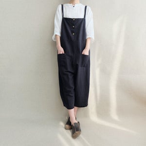 Women Loose Black Linen Jumpsuits Overalls Pants With Pockets, Women Summer Casual Pants Legging Pants image 3