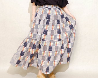 Vintage Plaid Skirt Summer Cotton Skirt, Soft Loose Skirts A-line Pleated Elastic Waist Skirt, Customized Plus Size Skirt Boho Linen Skirt