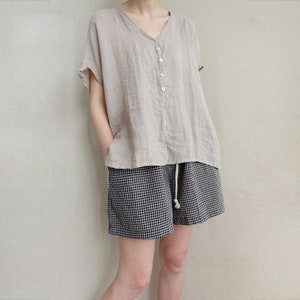 Handmade Linen V-Neck Blouse: Asymmetrical Zen Top