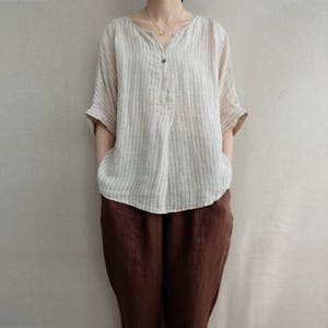 Linen Striped Blouse: Women&#39;s Summer V-Neck Asymmetrical Top