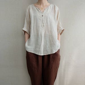 Linen Summer Clothing Leisure Blouse Women, Comfortable Linen V Neck Striped Tops Summer T-shirt Asymmetrical Tops Linen Clothing