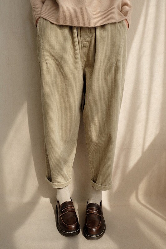 Women Khaki Corduroy Cropped Pants Elastic Waist Legging | Etsy