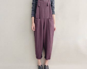 Vrije tijd linnen overall Zachte outfit Katoenen broek Dameskleding, verstelbare jumpsuits Tuinbroek met wijde pijpen Losse linnen overall Harembroek