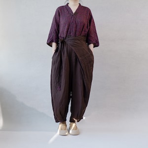 Floral Linen Wrap Jumpsuits, Soft Unique Romper, Leisure Asymmetric Jumpsuits Buckle Overalls With Pockets, Kimono Sleeve Jumpsuits