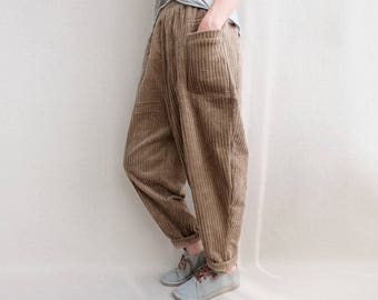 Warm Corduroy Pants Women, Elastic Waist Zen Pants Vintage Harem Pants, Soft Autumn/Winter Trousers, Gifts For Her, Casual Wide Leg Pants