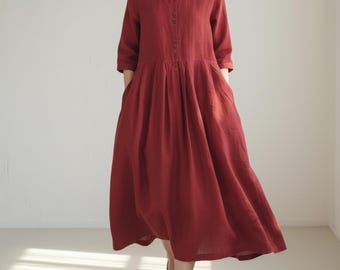 Red Linen Midi Dress, Loose Fit, Button Front, Pleated Waist, Stand Collar, Minimalist Summer