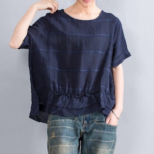 Striped Linen Blouse: Asymmetrical Cotton Tunic Top