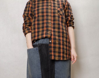 Gingham Shirt Loose Autumn T-shirt Asymmetrical Tops For Women, Leisure Comfortable Blouse Linen Shirt Checkered Clothing