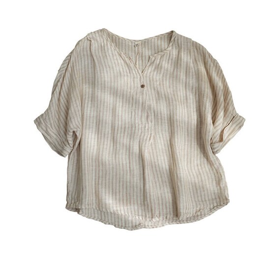 596.ladies linen blouse ブラウス SHIRT WOMEN, Linen Shirt With a V-neck Collar, Linen Office