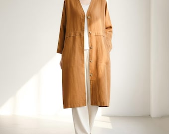 100% Natural Linen Long Cardigan, Casual Button Front Loose Fit Jacket, Handmade Duster Coat