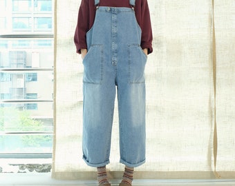 Loose Fitting Outfit Spring Jumpsuits Denim Overalls Women, Jeans Dungarees Cotton Pants Comfortable Rompers Leisure Bib With Side Pockets