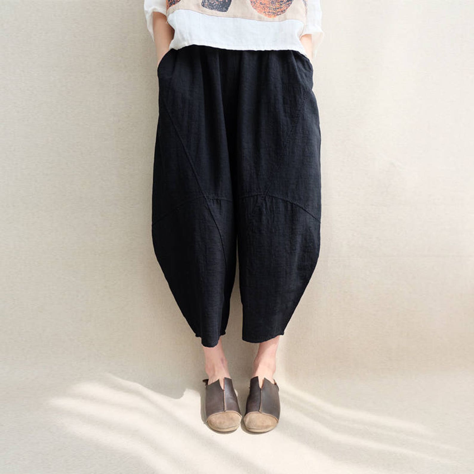 Women Calflength Pants Cotton Capri Pants Elastic Waist Linen Etsy