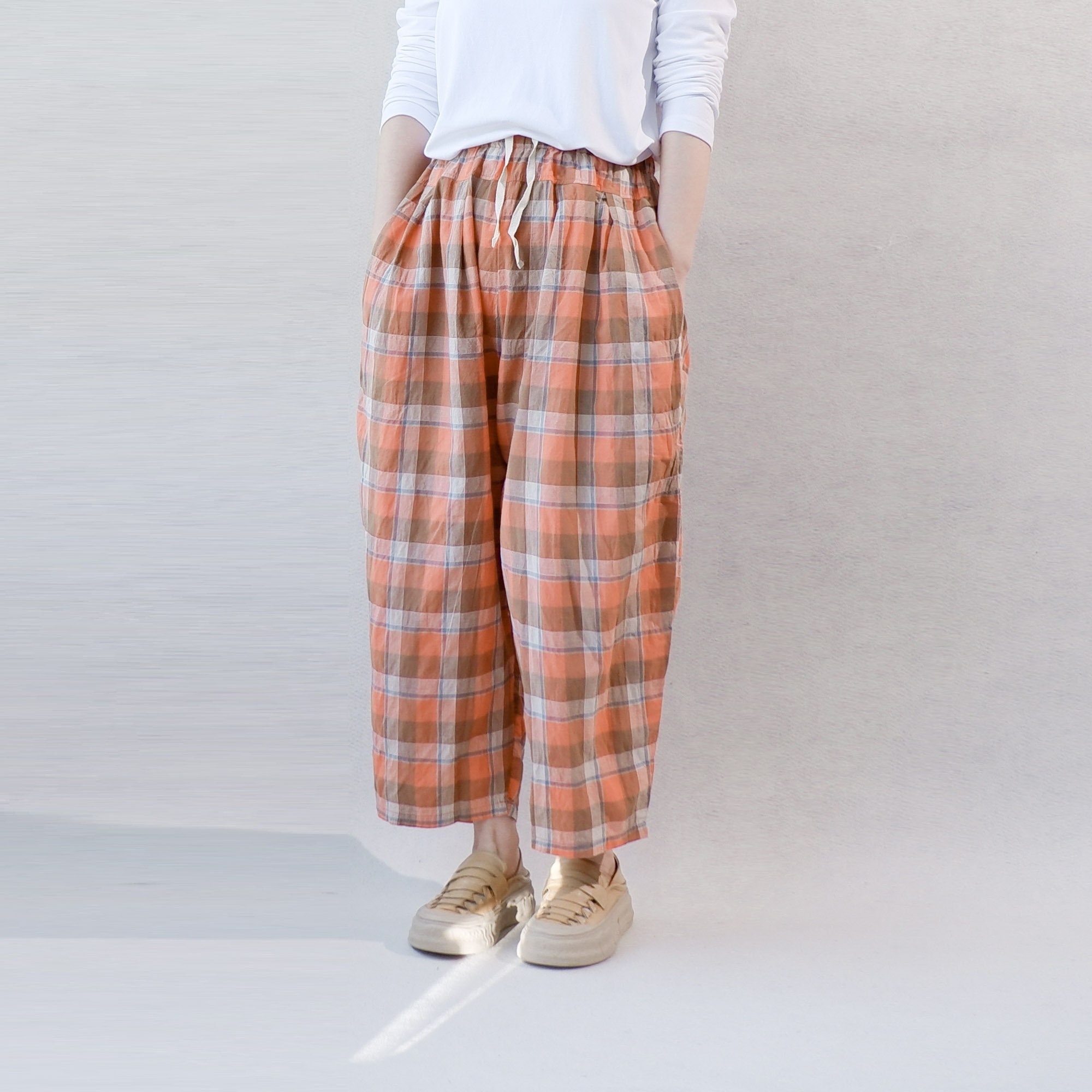 Women Seersucker Checkered Pants, Oversized Pants Linen