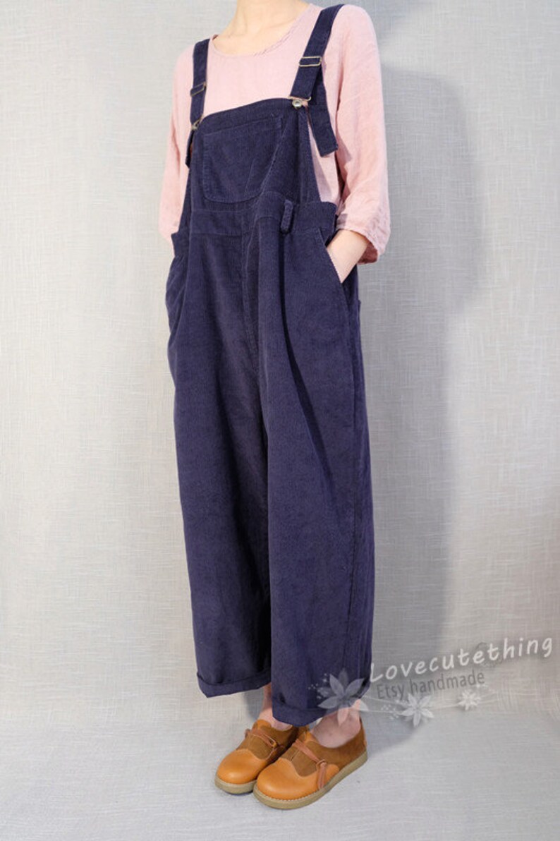 Women Purple Leisure Corduroy Overalls Dungarees Winter Fall Wide Leg Adjustable Jumpsuits Cotton Overall Pants Loose Bib Pants