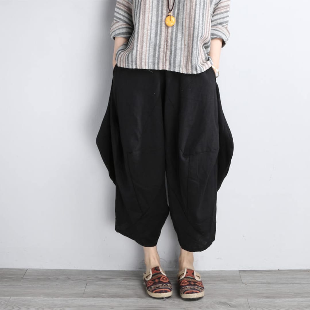 Women Black Pants Casual Linen Cropped Pants Cotton Harem - Etsy