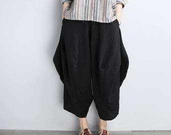 Women Black Pants Soft Casual Linen Cropped Pants Cotton Harem Pants With Pockets