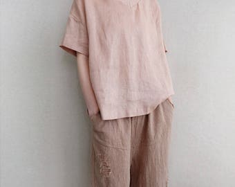 Leisure Soft Linen Tops Summer V Neck Blouse, Vintage T-shirt Asymmetrical Tops, Cotton Tunic Tops, Casual Blouse Women