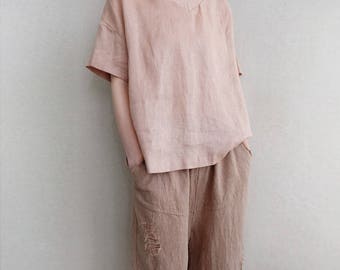 Linen V Neck Blouse: Summer Soft Asymmetrical Top, Loose Fit Shirt, Eco Friendly Clothing