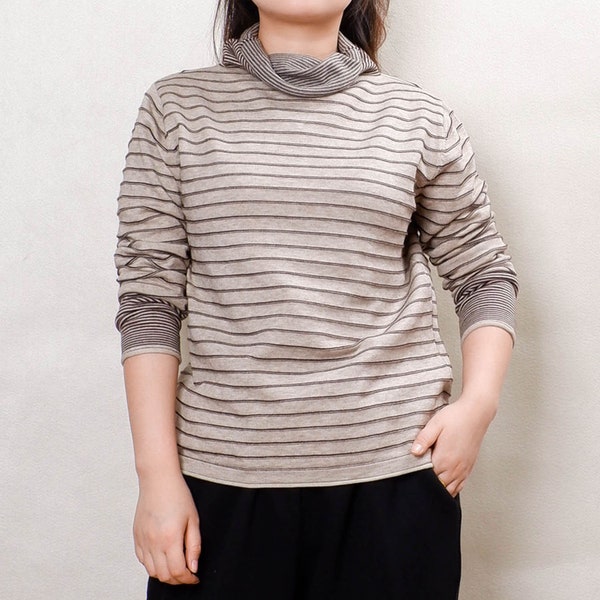 Women Striped Undershirts Casual Cotton Blouse, Leisure Pile Neck Knitwear Sweater Small Size Tunic Tops Bottoming Shirt