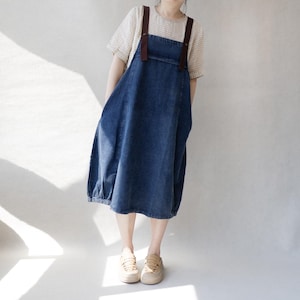 Denim Pinafore Dress: High Waist Balloon Skirt, Vintage Style