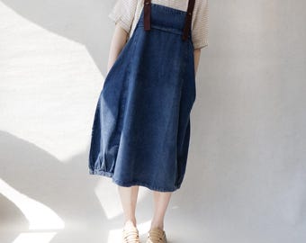 Denim Pinafore Dress: High Waist Balloon Skirt, Vintage Style
