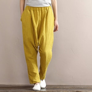 Women Comfortable Pants Regular Linen Trousers, Elastic Waist Cotton Zen Pants, Harem Pants Wide Leg Pants, Yellow Trousers Yoga Pants