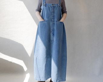 Vintage Denim Overall Dress: Adjustable Pinafore Apron with Pockets