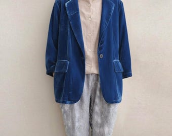 Women's Silk Velvet Blazer, Loose Fit Casual Minimalist Blue Jacket