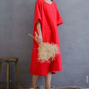 Loose Cotton Gauze Dress Soft Robes, Plus Size Dress, Puffy Sleeve Dress, Summer Dresses, Red Dress With Pockets image 3