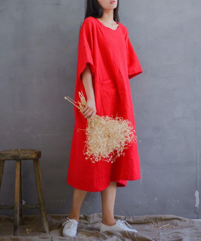 Loose Cotton Gauze Dress Soft Robes, Plus Size Dress, Puffy Sleeve Dress, Summer Dresses, Red Dress With Pockets image 3