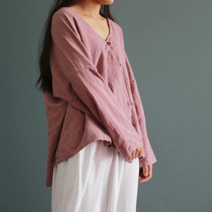 Loose Fit Linen Blouse Women, Soft Linen Blouse, Linen Cardigan Plus Size Clothing, Linen Shirt, Spring/Fall Clothing, Simple Linen Tops image 4