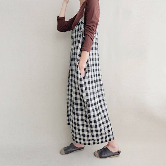 Women Leisure Plaid Linen Jumpsuits Linen Overalls Comfortable