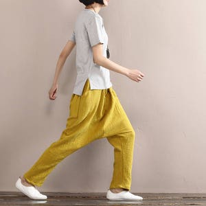 Women Comfortable Pants Regular Linen Trousers, Elastic Waist Cotton Zen Pants, Harem Pants Wide Leg Pants, Yellow Trousers Yoga Pants image 2