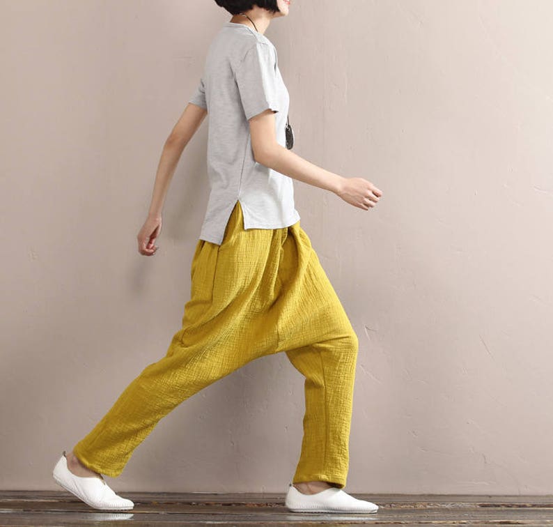 Women Comfortable Pants Regular Linen Trousers, Elastic Waist Cotton Zen Pants, Harem Pants Wide Leg Pants, Yellow Trousers Yoga Pants image 2