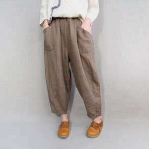 Cozy Linen Pants For Women, 100% Natural Linen Harem Pants Wide Leg Cropped Pants, Loose Fit Pants Leisure Pants Baggy Pants With Pockets