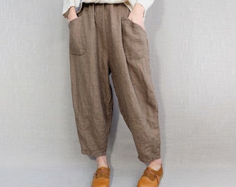 Cozy Linen Pants For Women, 100% Natural Linen Harem Pants Wide Leg Cropped Pants, Loose Fit Pants Leisure Pants Baggy Pants With Pockets