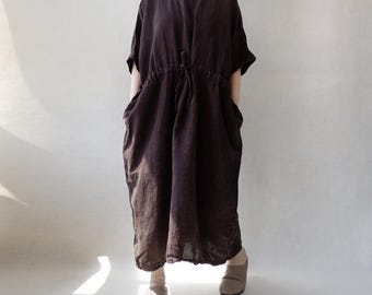 Loose Linen Midi Dress: Dark Brown Kaftan with Waist Tie