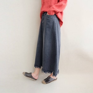 Women Denim Pants Elastic Waist Jeans Casual Pants Harem Pants Wide Leg Pants With Rough Edge