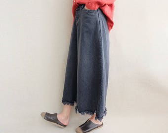 Women Denim Pants Elastic Waist Jeans Casual Pants Harem Pants Wide Leg Pants With Rough Edge