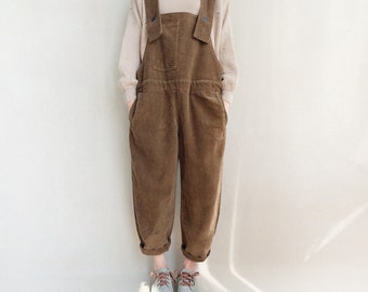 Winter Warm Corduroy Overalls, Loose Fitting Jumpsuits Comfortable Dungarees, Spring Adjustable Jumpsuits Wide Leg Pants Bib Pants