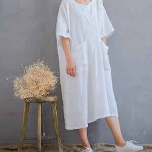 Loose Cotton Gauze Dress Women, Plus Size White Summer Dress with Pockets, Casual Comfortable