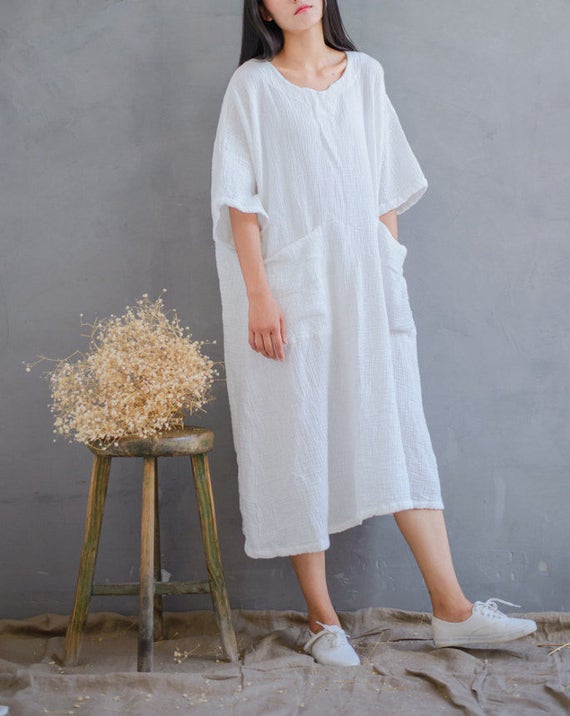 Loose Soft Cotton Gauze Dress Women, Plus Size Dress, White Casual