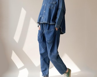 90s Denim Two-Piece Set, Oversized Top & Relaxed Jeans