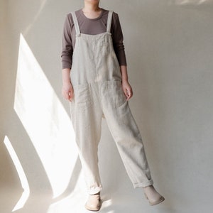 Linen Overalls For Women, Casual Linen Jumpsuits Garden Trousers With Pockets, Loungewear Harem Pants, Organaic Clothes Natural Linen Romper image 2